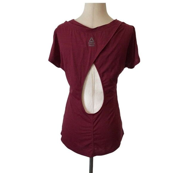 Reebok CrossFit Small Shirt ActiveChill Short Sleeve Stretch Maroon Cut Out Bac - Picture 4 of 8